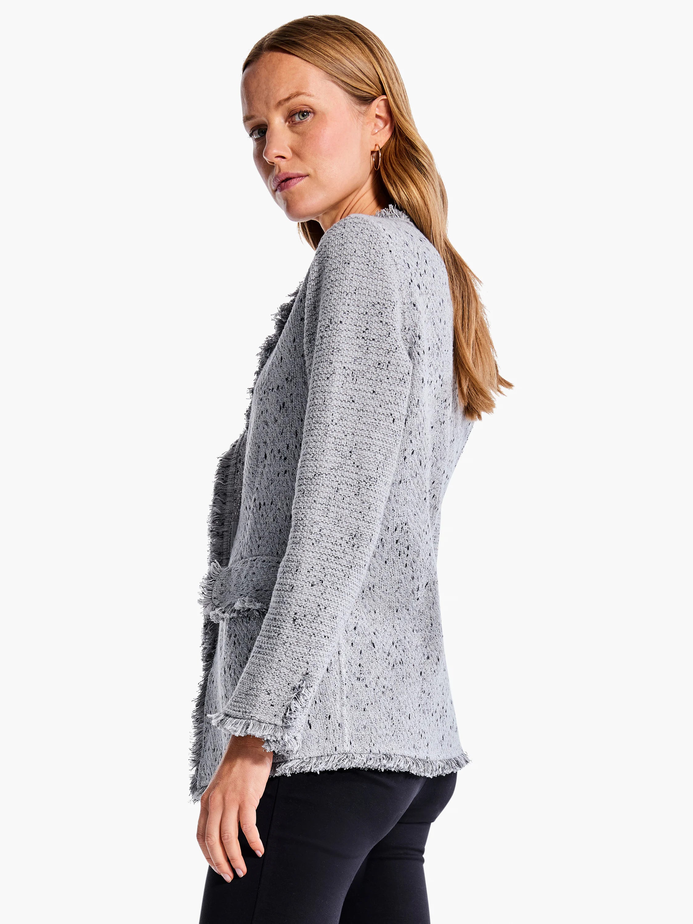 Gray knit blazer with black flecks, fringed edges.  Three-quarter sleeves.