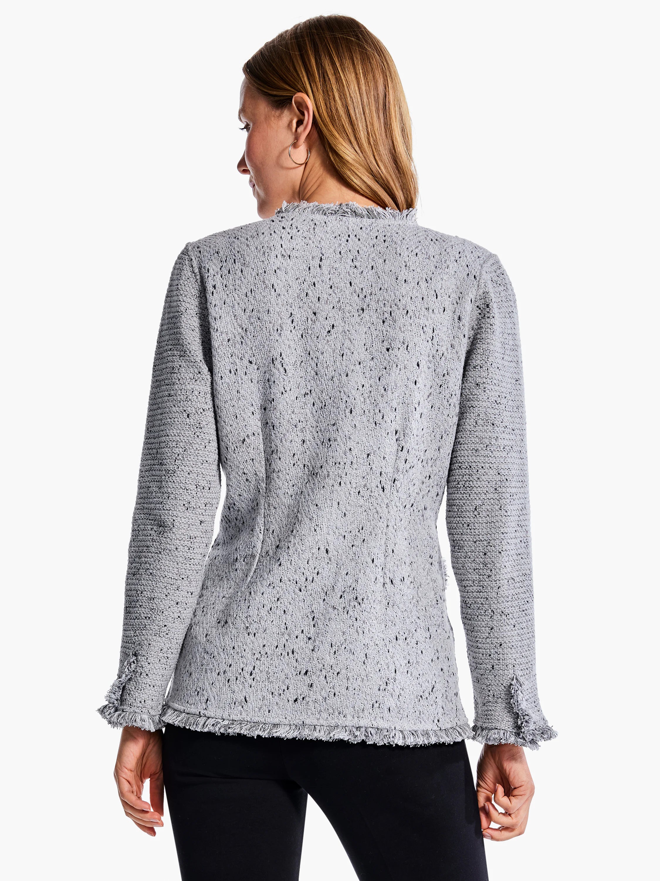 Gray knit blazer with black flecks.  Features a frayed hem and cuffs.  Long sleeves.