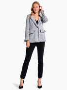 Grey tweed blazer with black speckles and frayed edges.  Double-breasted style.