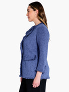 Blue knit blazer with fringe trim.  Textured fabric. Three-quarter sleeves.