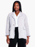 Gray knit blazer with fringe trim.  Single button closure.  Light gray and white flecks in fabric.