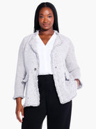 Light gray knit blazer with fringe trim.  Features pockets and a button closure.