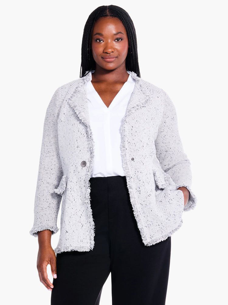 Light gray knit blazer with fringe trim. Features pockets and a button closure.