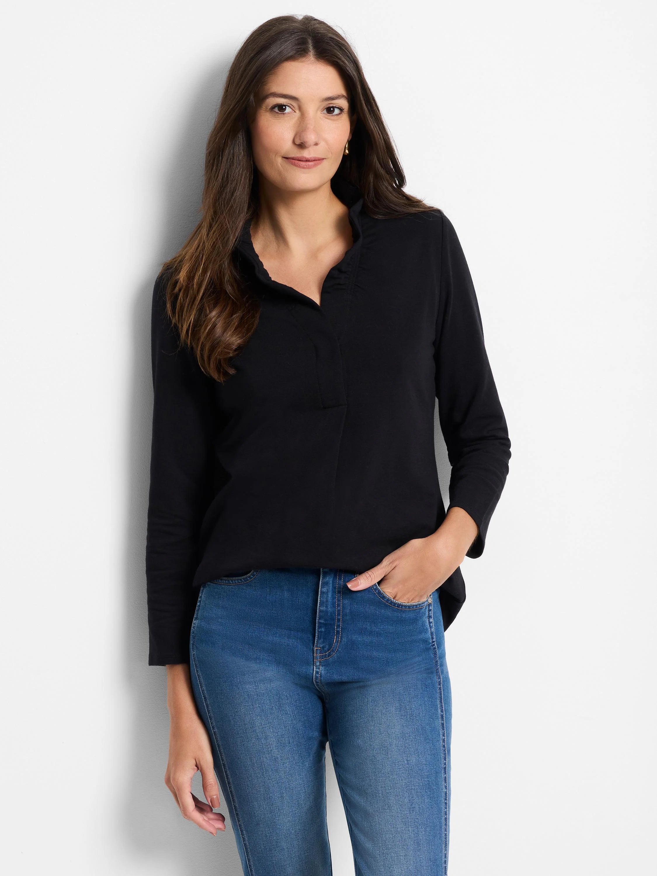 Black long-sleeve top with a soft, standing ruffled V-neck collar.