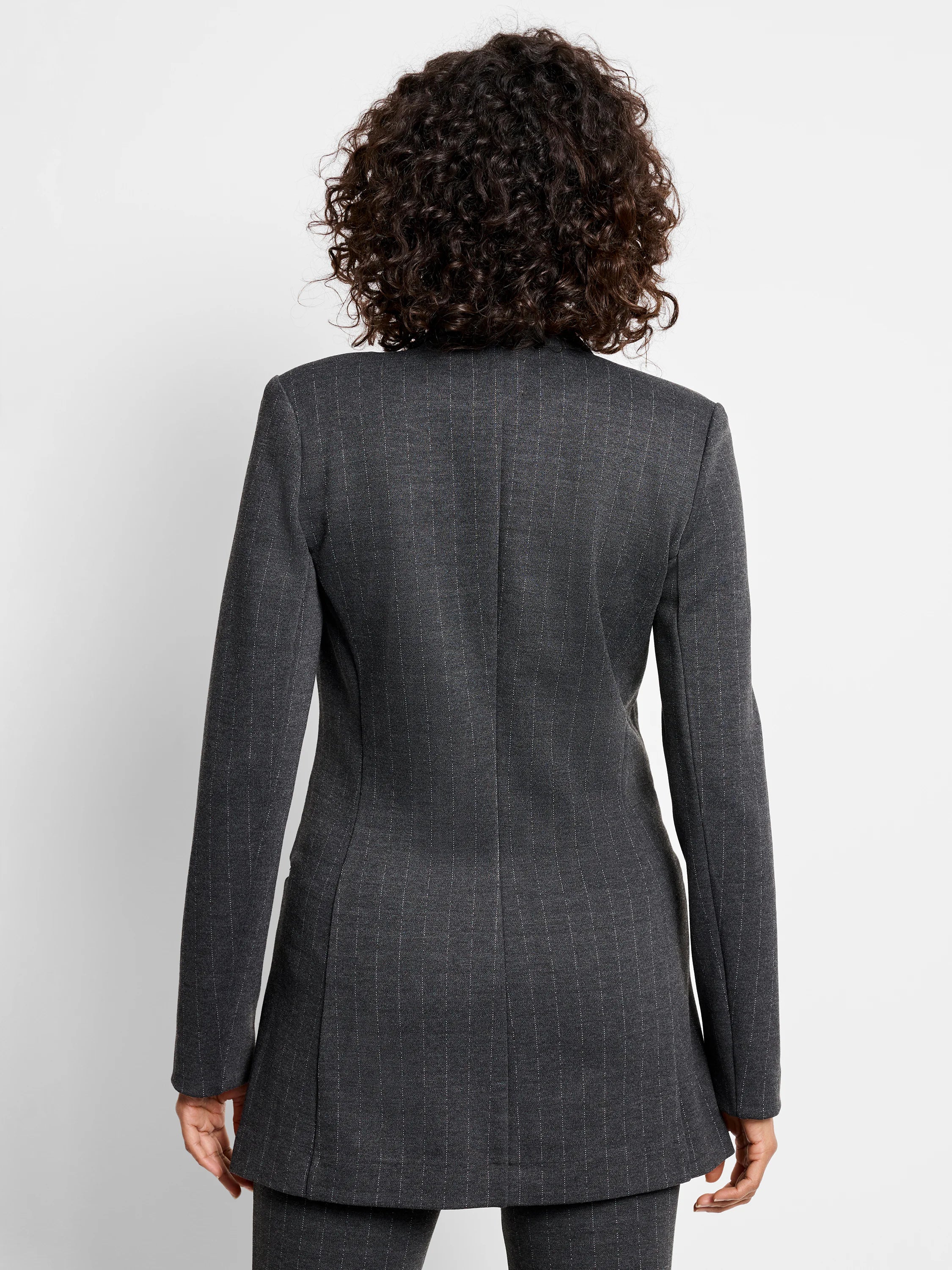 Back view of a dark gray knit jacket with thin white vertical pinstripes.