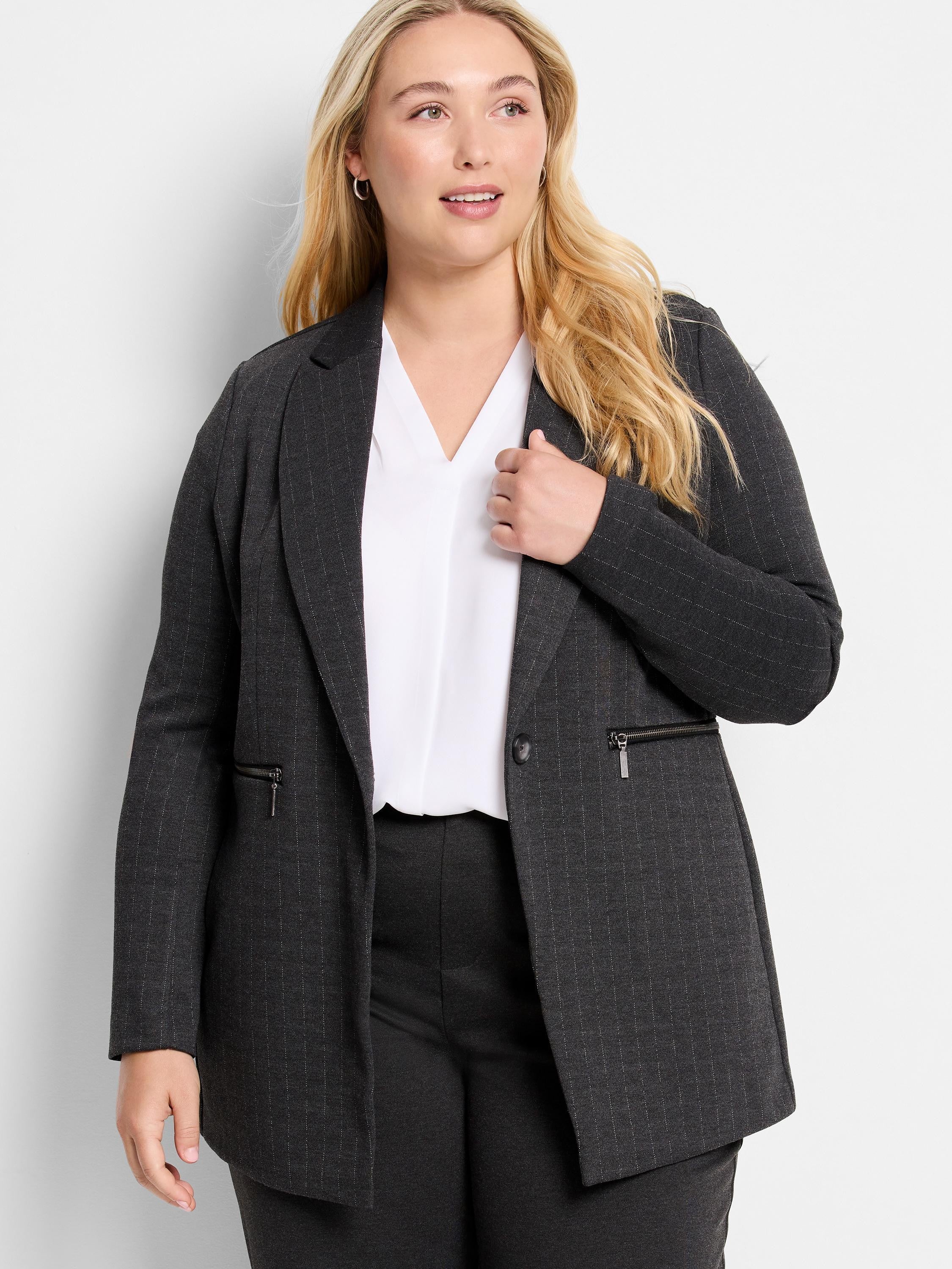 Charcoal gray knit jacket with white pinstripes, a button closure, and two zippered pockets.