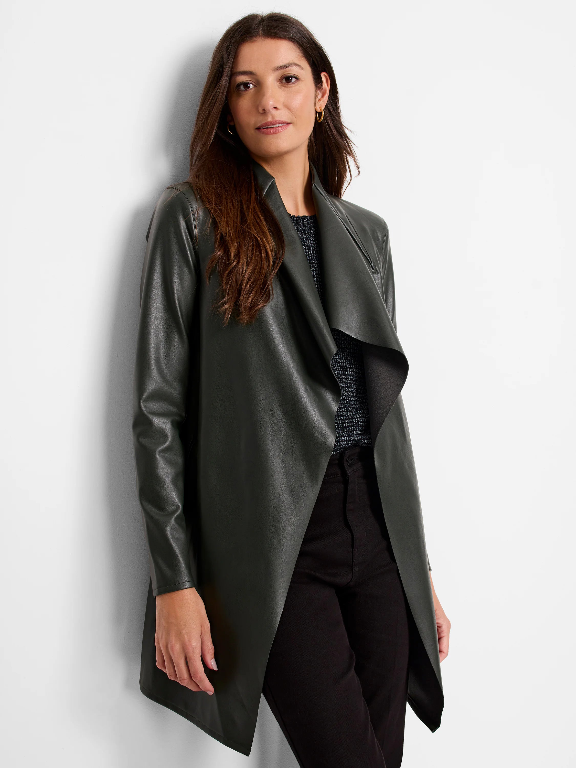 Dark green faux leather open-front jacket with a draped collar and long sleeves.