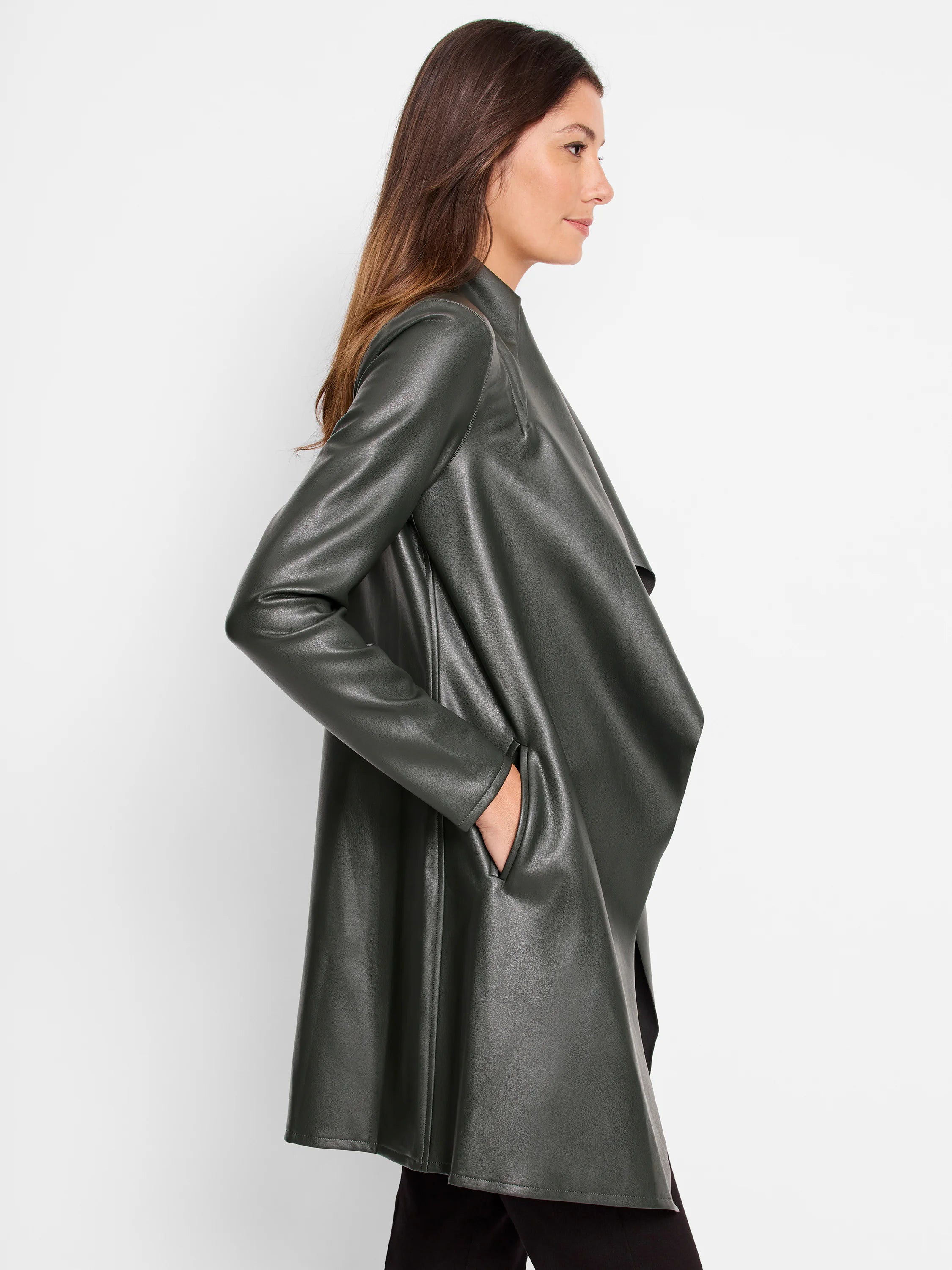 Dark green faux leather jacket. Open front, draped, long sleeves, side pockets. Mid-thigh length.