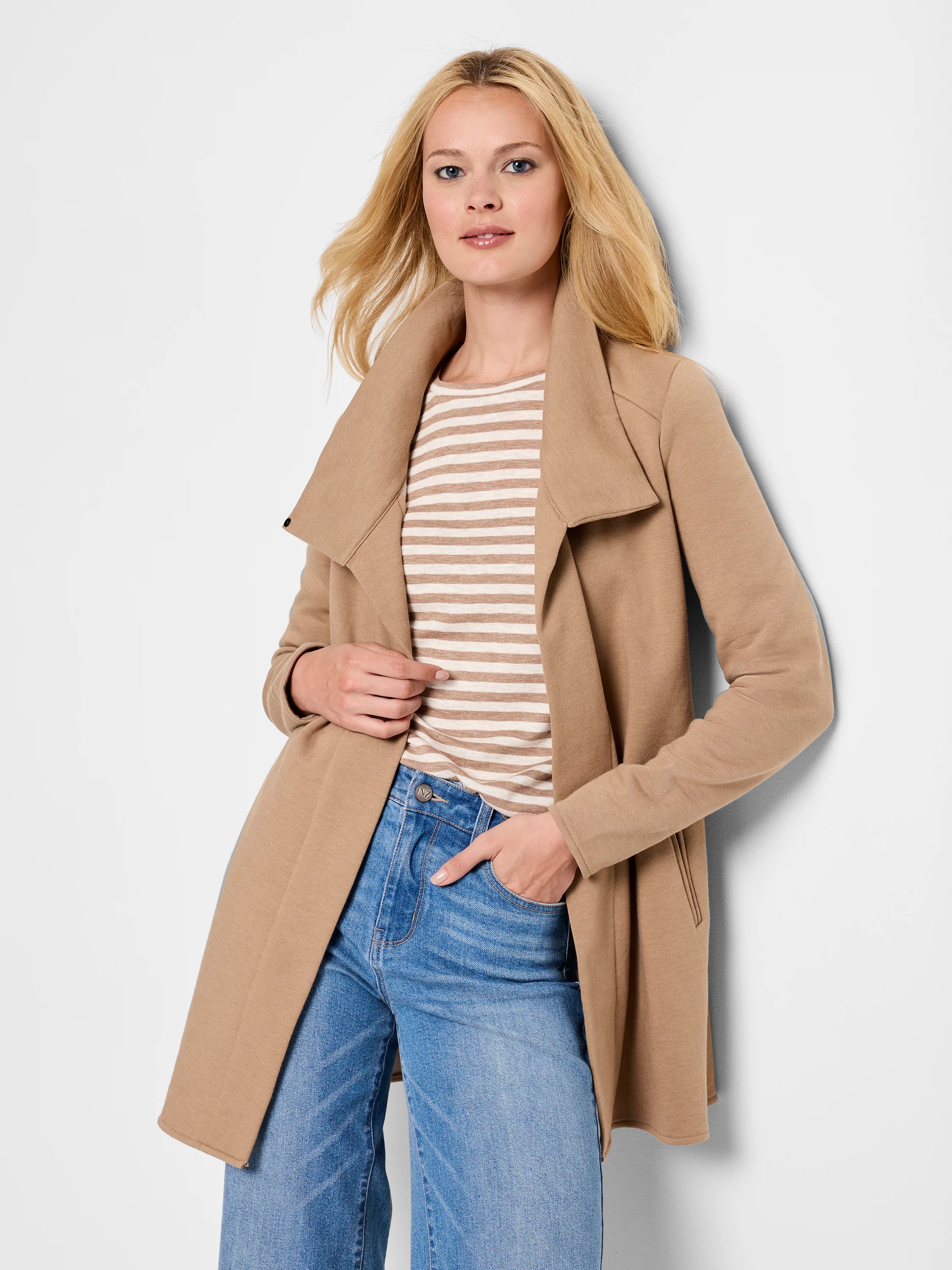 Tan knit jacket with a wide draped collar, open front, and mid-thigh length.