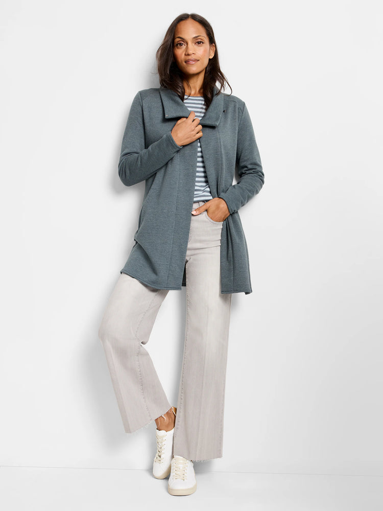 Deep teal-grey open front jacket with a draped collar, long sleeves, and hip-length cut.