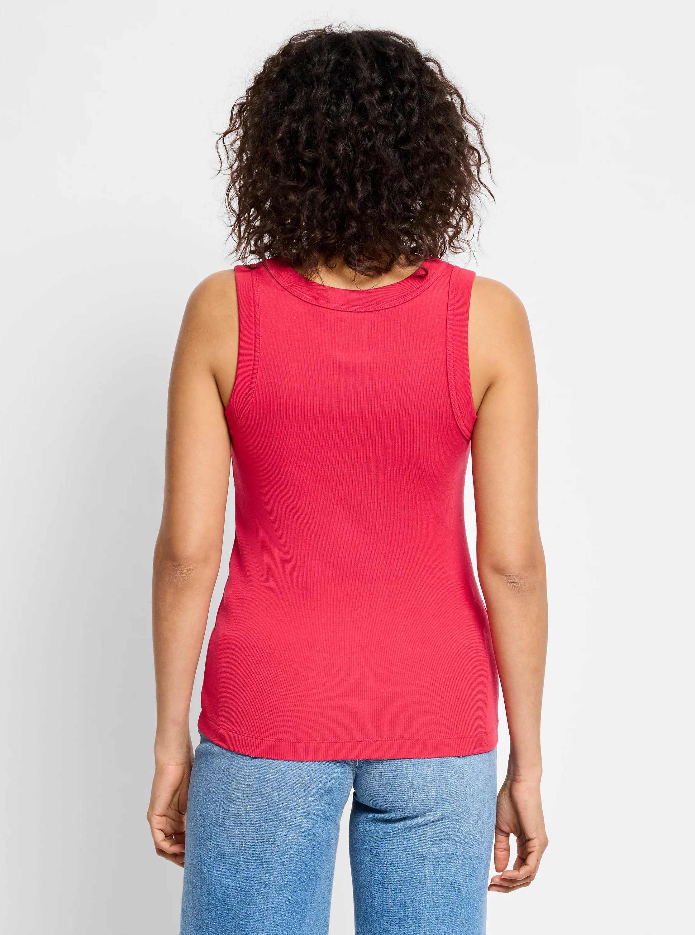 Berry pink ribbed knit scoop tank top, viewed from the back.