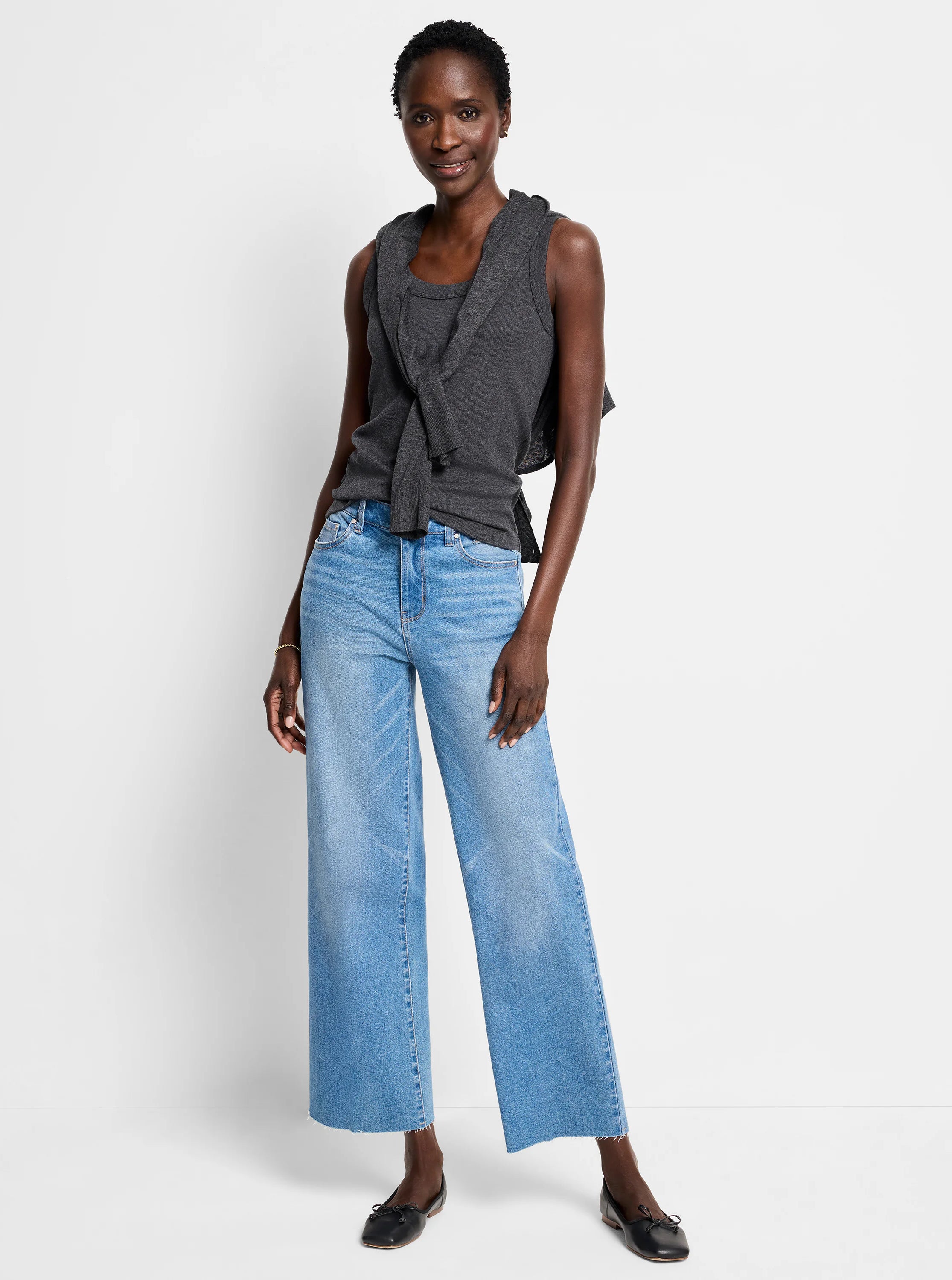 Dark grey ribbed knit scoop neck tank top.