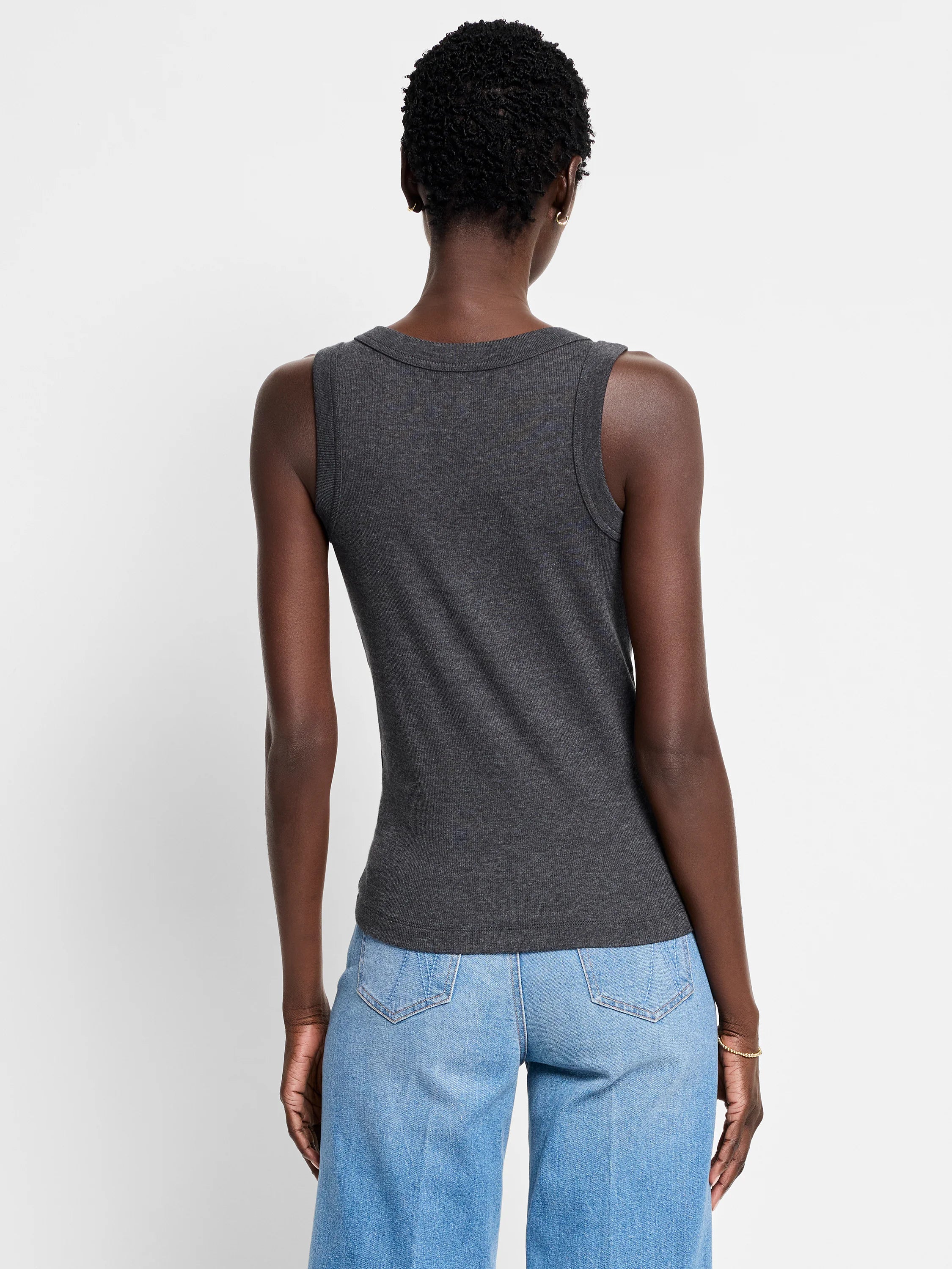 Dark grey ribbed knit scoop tank top, fitted.