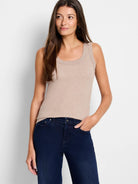 Light beige ribbed knit scoop tank with a U-shaped neckline.