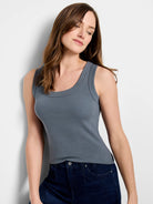 Slate gray ribbed knit scoop neck tank top on a model.