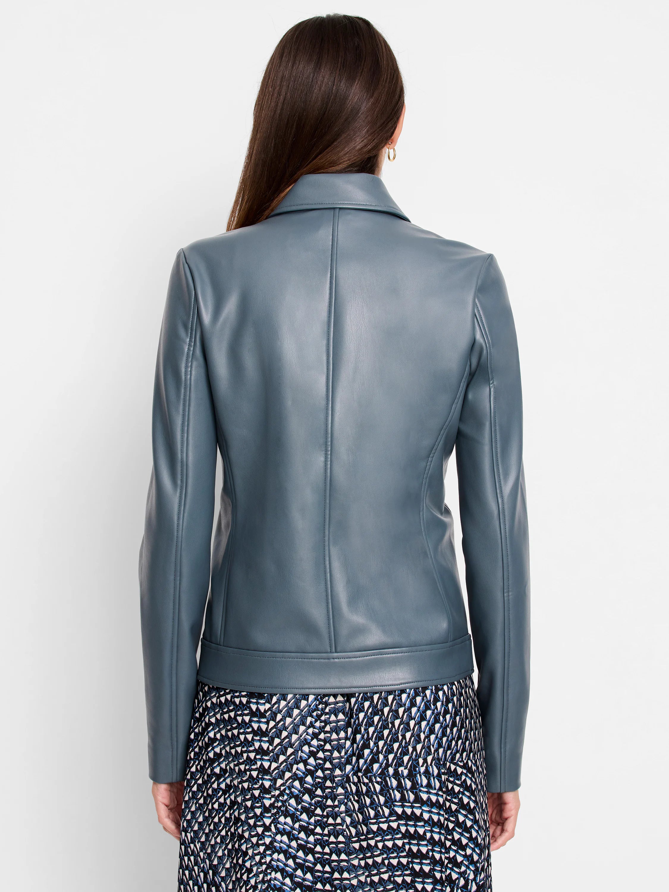 Slate blue faux leather jacket, back view. Features a collar, vertical back seam, and banded hem.