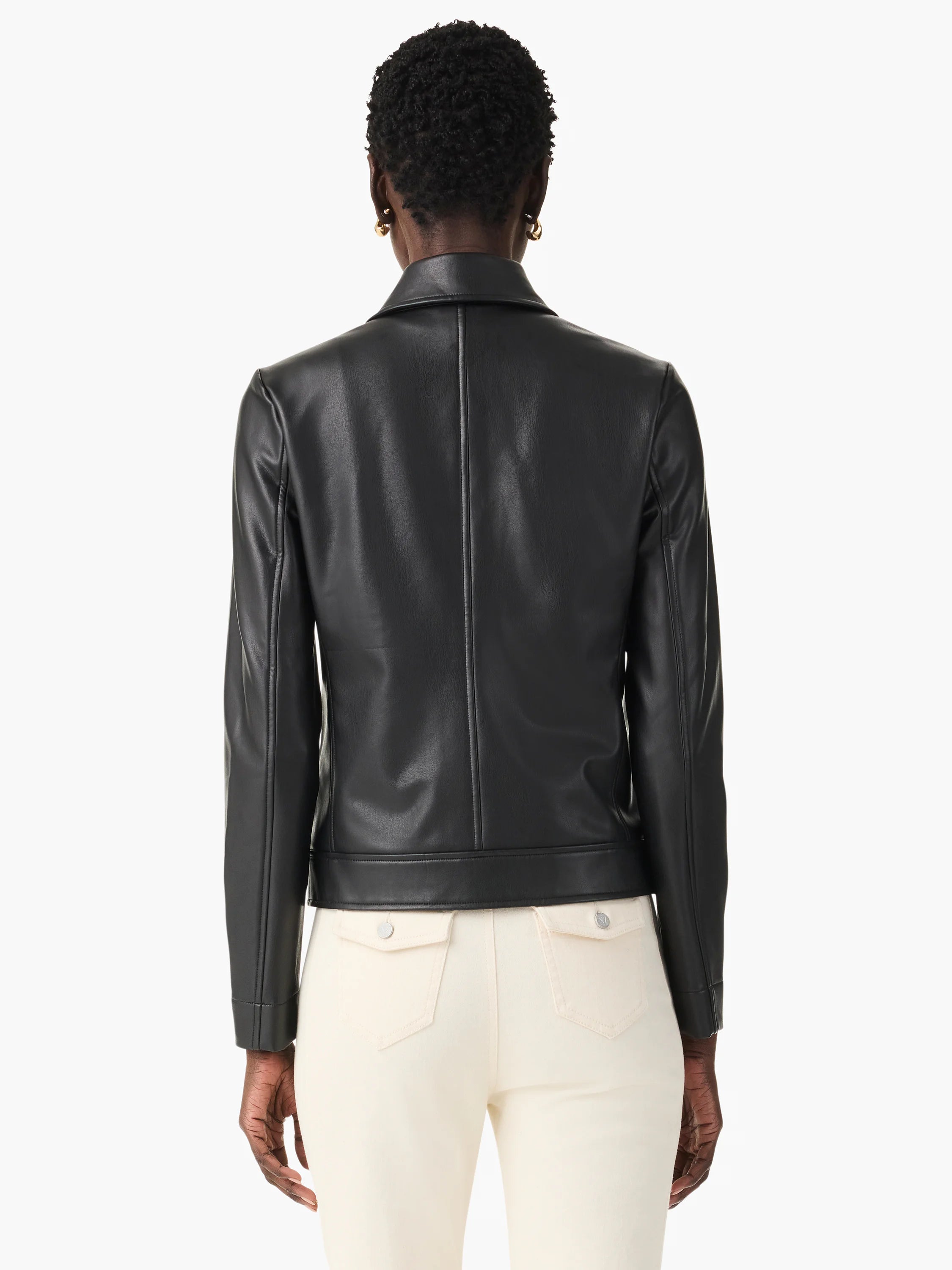 Black faux leather jacket, back view, with a collar, vertical seam, and hem band.