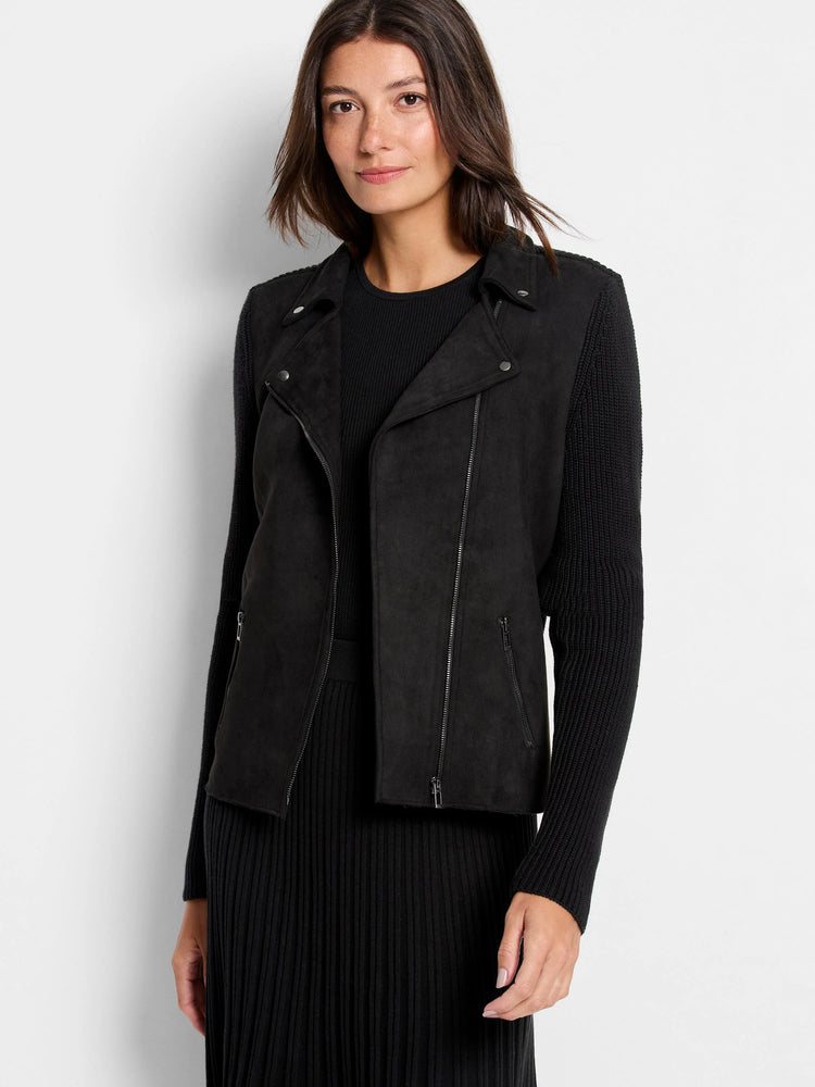 Black moto jacket with suede-like body, knit sleeves, asymmetrical zipper, and silver snaps.
