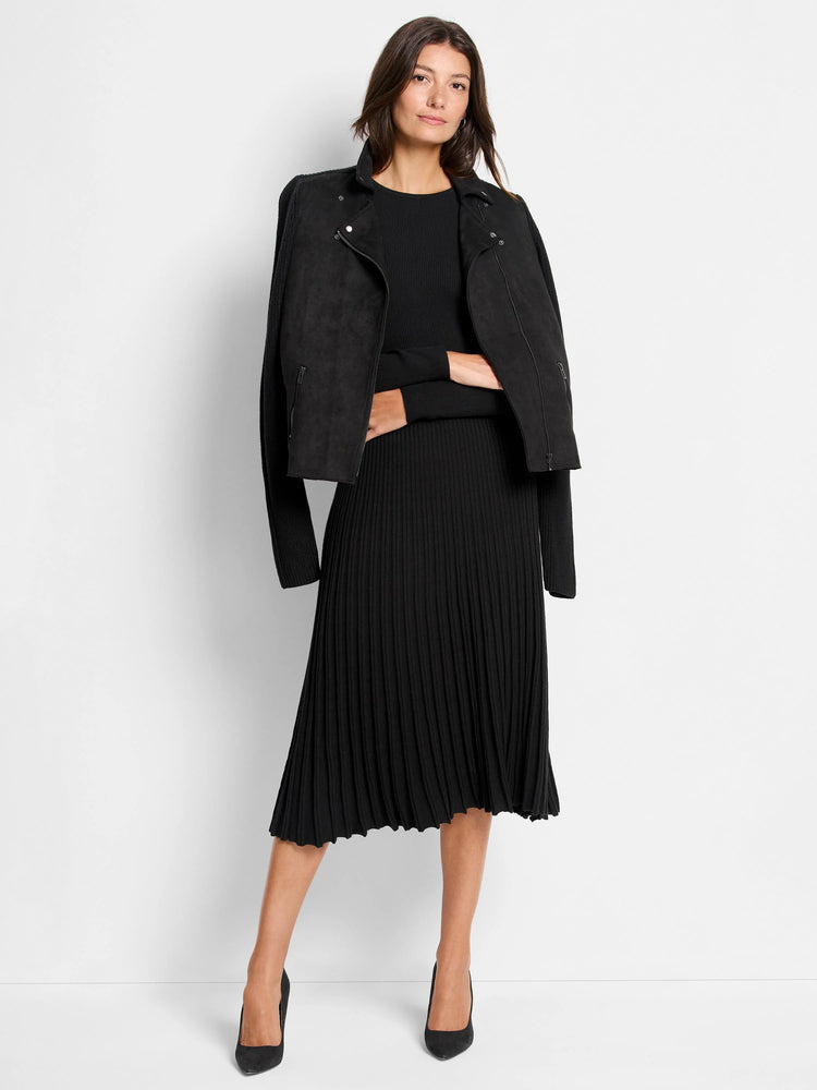 Black mixed media moto jacket with suede-like body, ribbed knit sleeves, asymmetrical zip, and silver hardware.