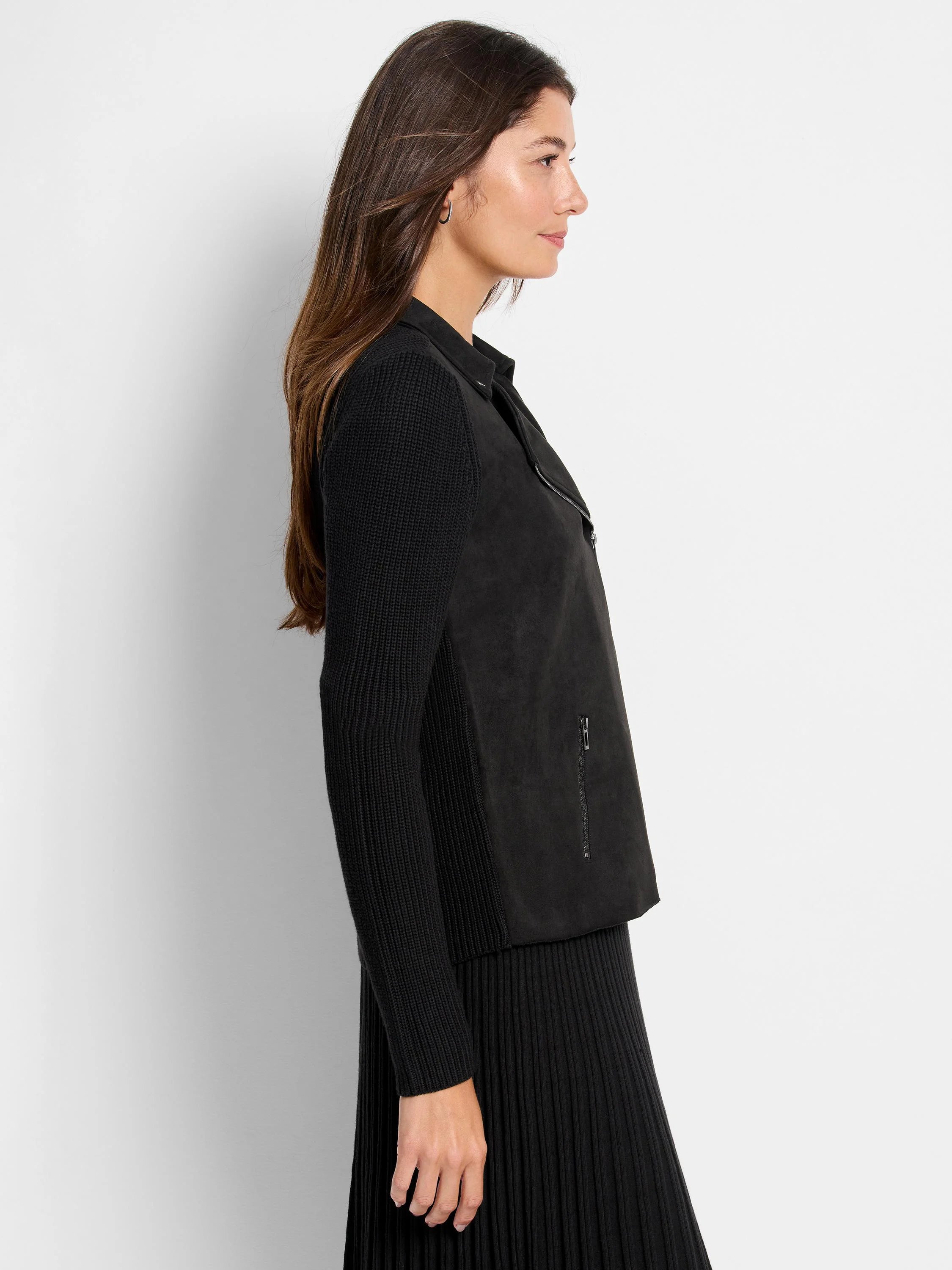 Black moto jacket with knit sleeves, a smooth, matte body, asymmetrical front zipper, and a visible zip pocket.
