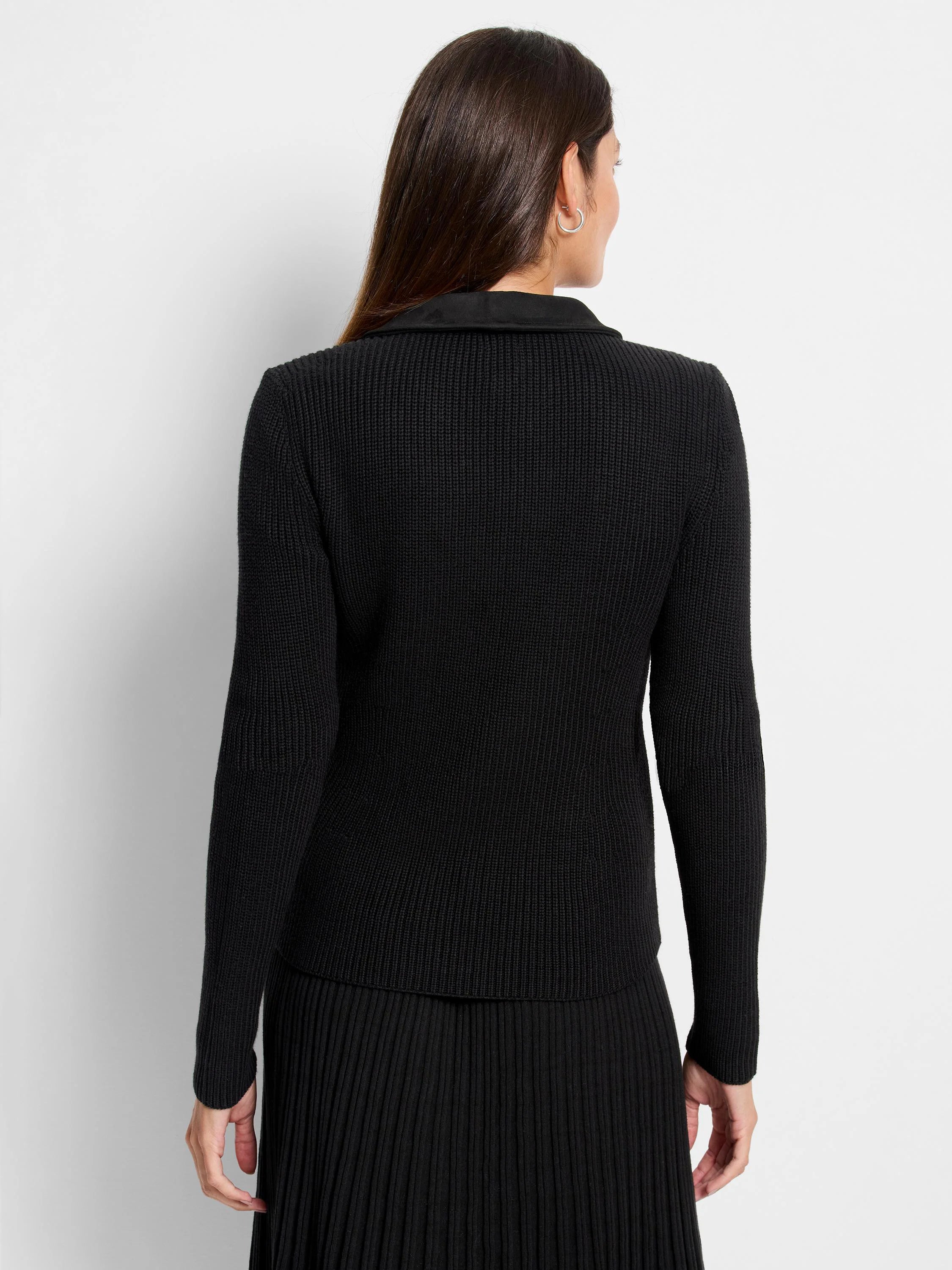 Black mixed media moto jacket with ribbed knit body and smooth collar, viewed from the back.