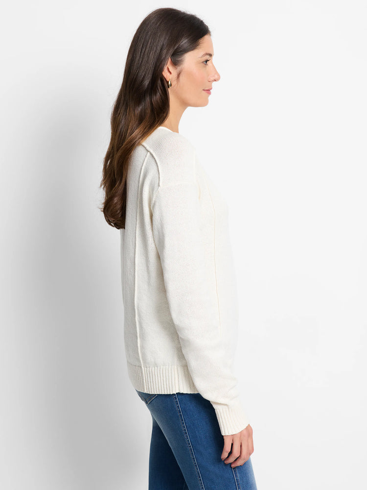 Off-white long-sleeve sweater with prominent exterior seams on shoulders, sleeves, and sides. Ribbed cuffs and hem.