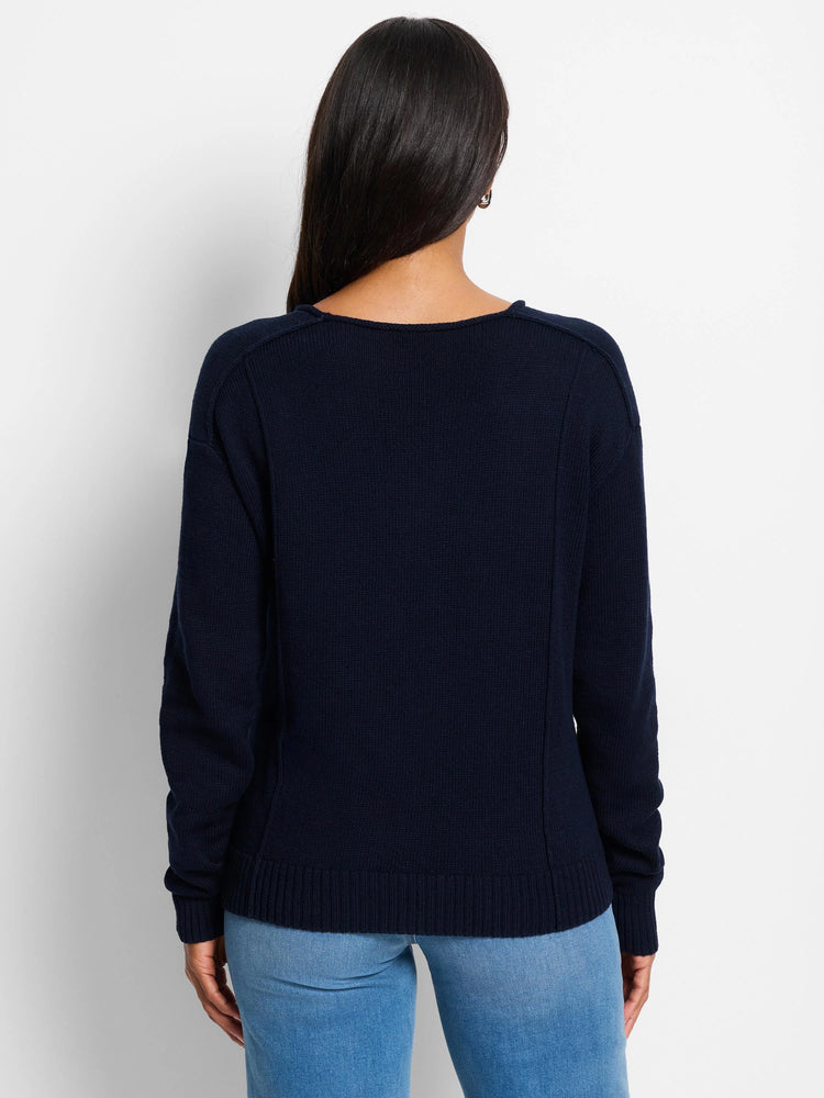 Dark navy knit sweater with visible seams down the back and sides, ribbed cuffs and hem.