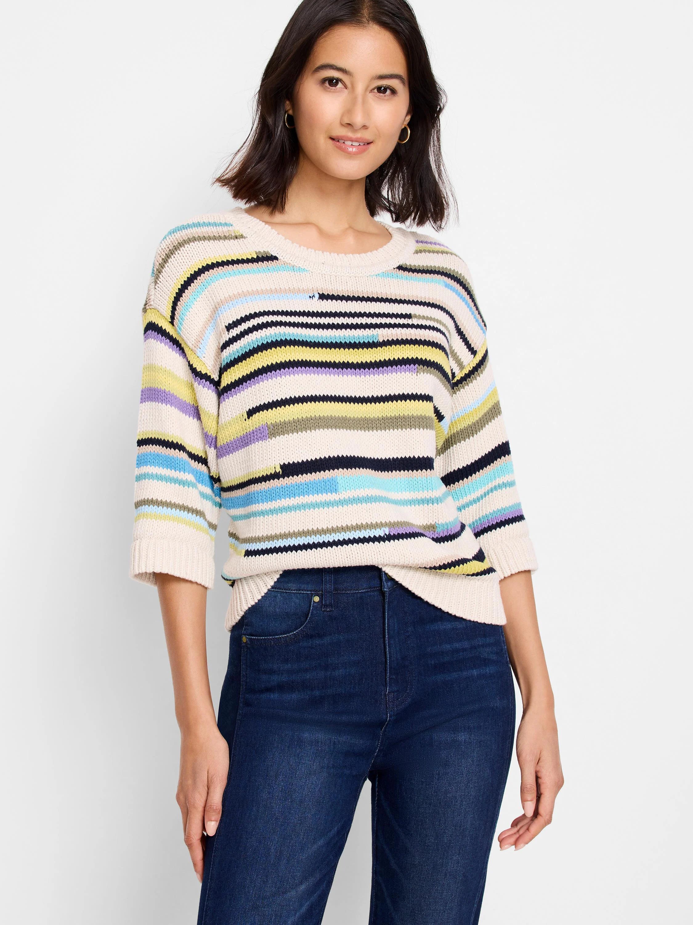 Cream sweater with varied horizontal stripes: light blue, lavender, lime, navy, olive. Crew neck, 3/4 sleeves.