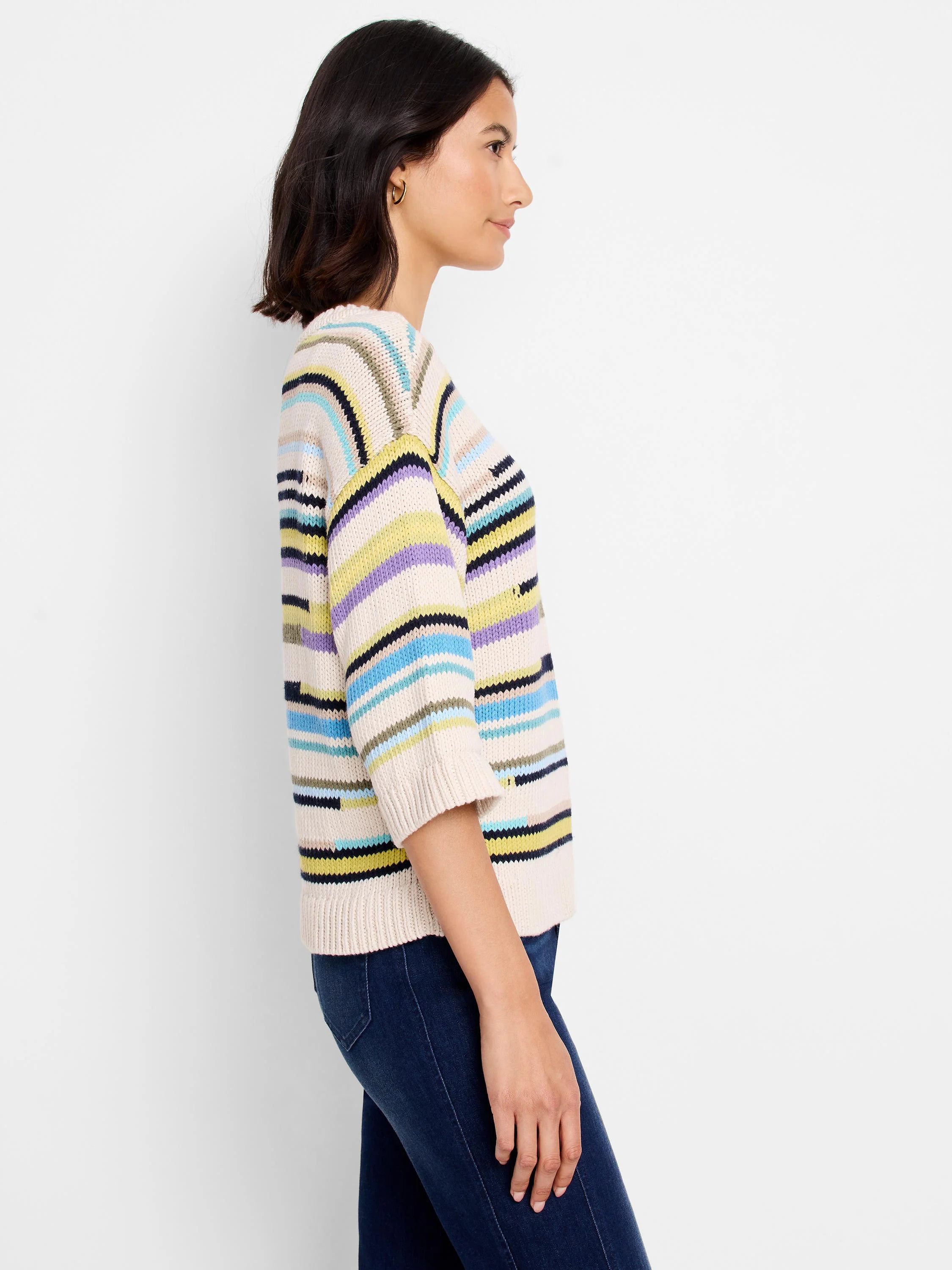 Cream knit sweater with varying stripes in navy, light blue, purple, yellow, and olive. Features 3/4 sleeves.