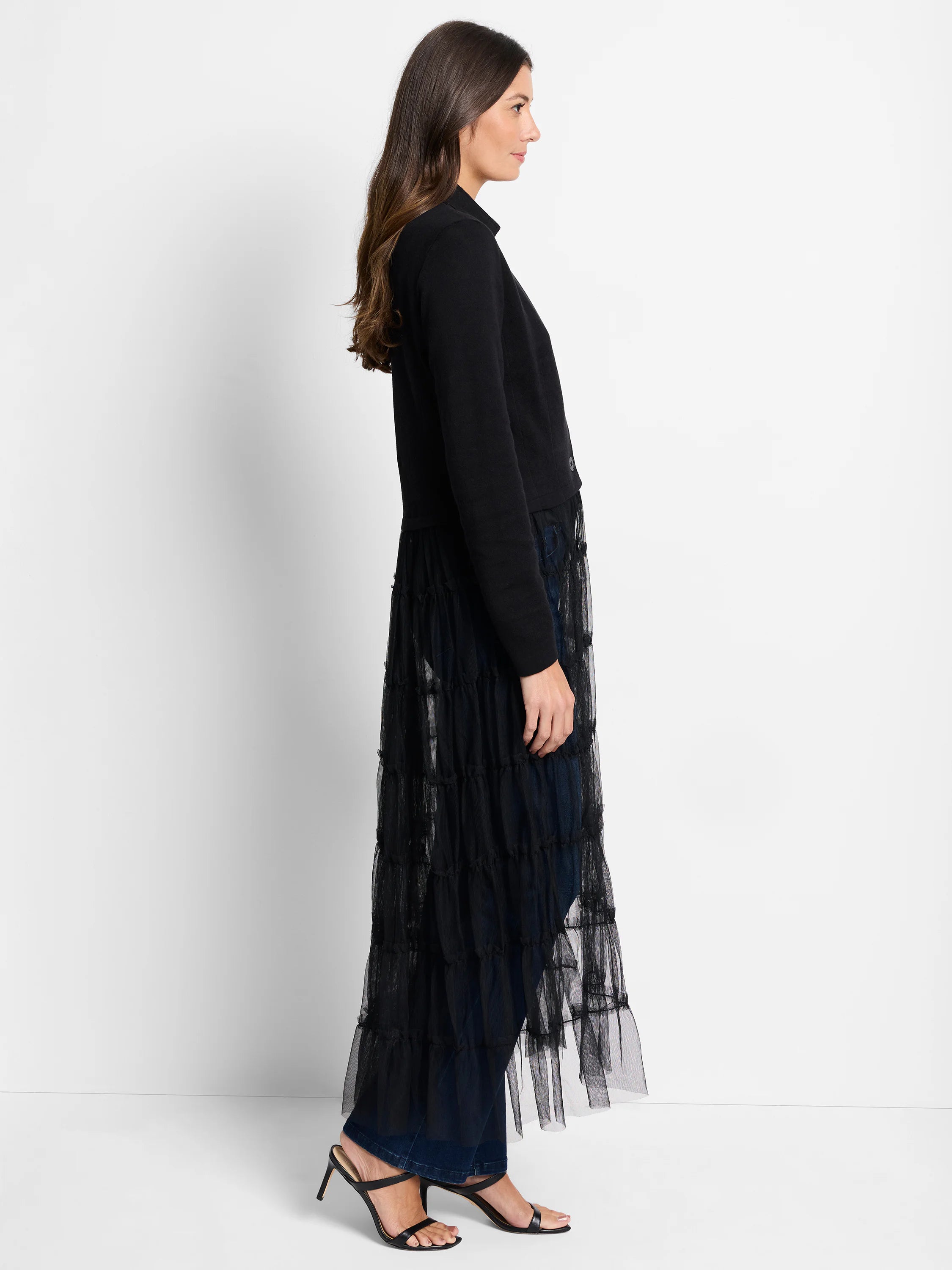 Black knit jacket with long, tiered sheer black tulle extending to the ankles.