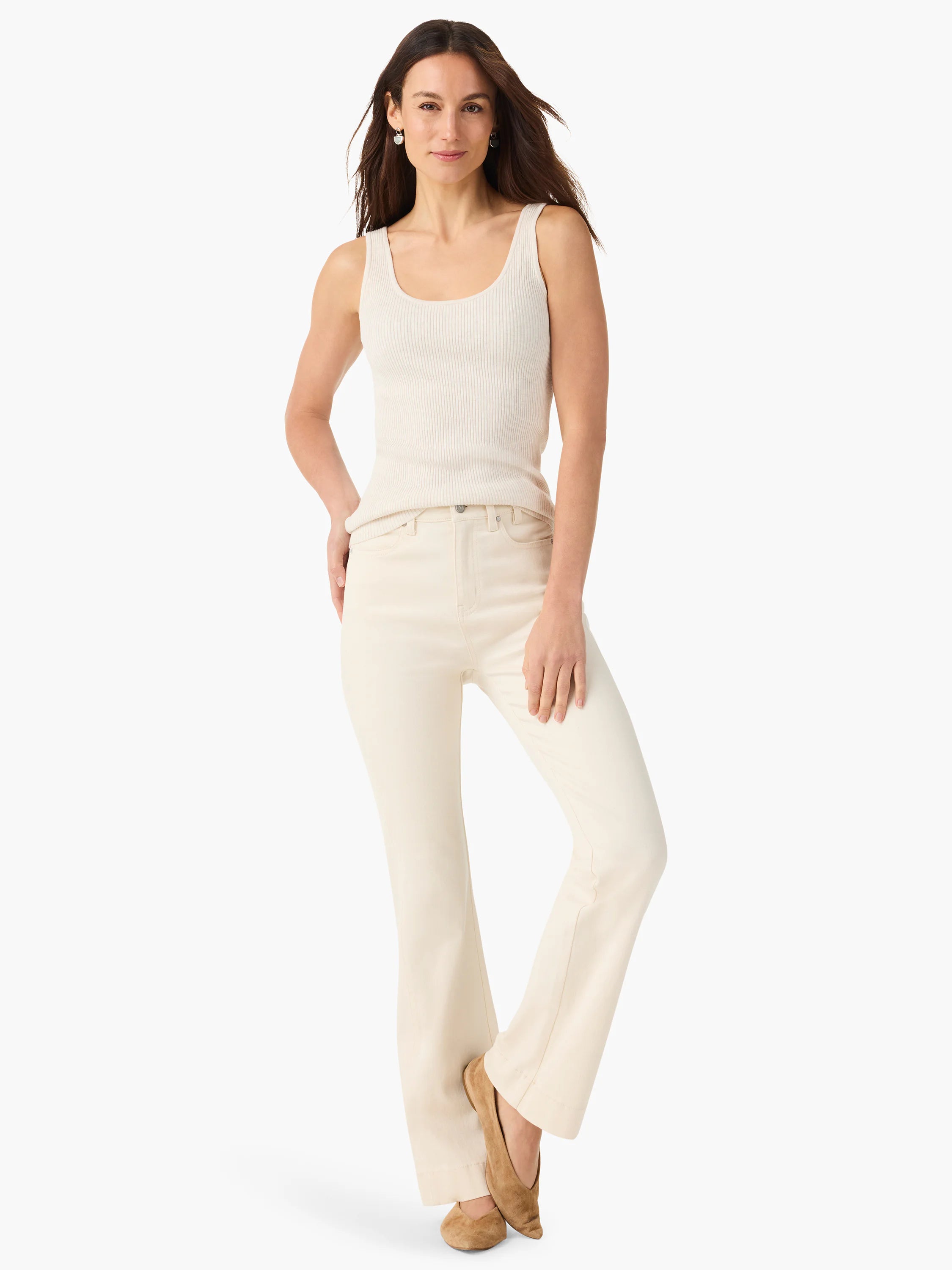 Off-white ribbed tank top with a scoop neck and wide straps, worn by a model.