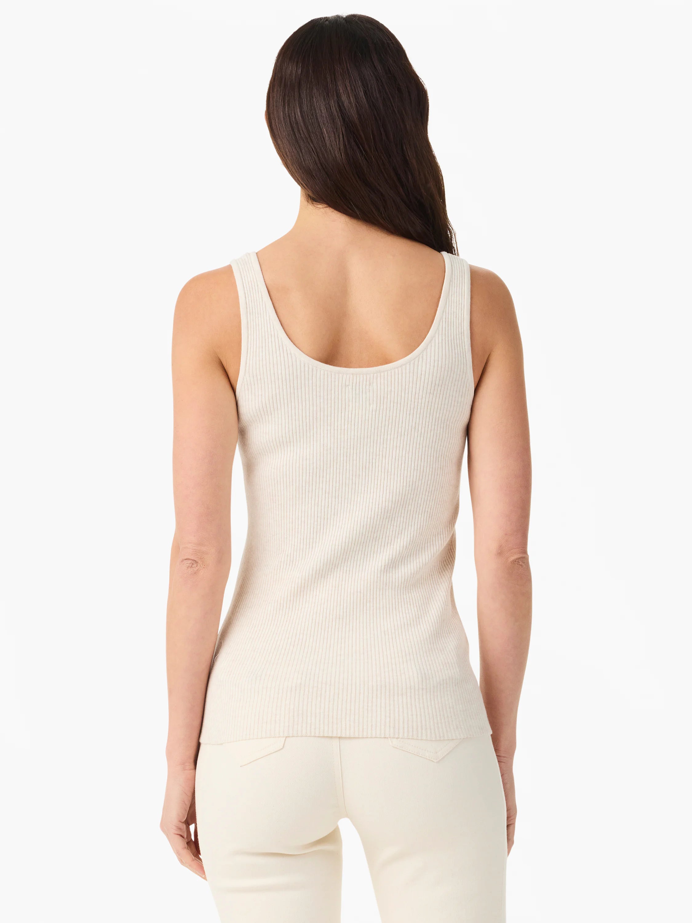 Light cream ribbed sweater tank with a U-neck back.