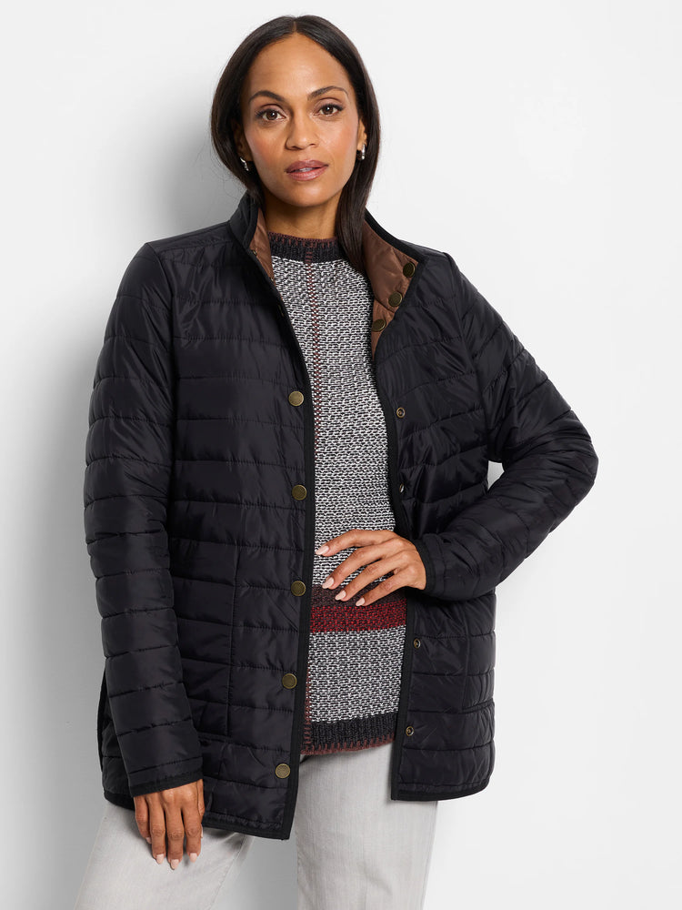 Black quilted puffer jacket with a stand collar and brown lining visible at the collar, featuring gold snap buttons.