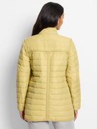 Light yellow puffer jacket with horizontal quilting, stand-up collar, and ribbed trim.
