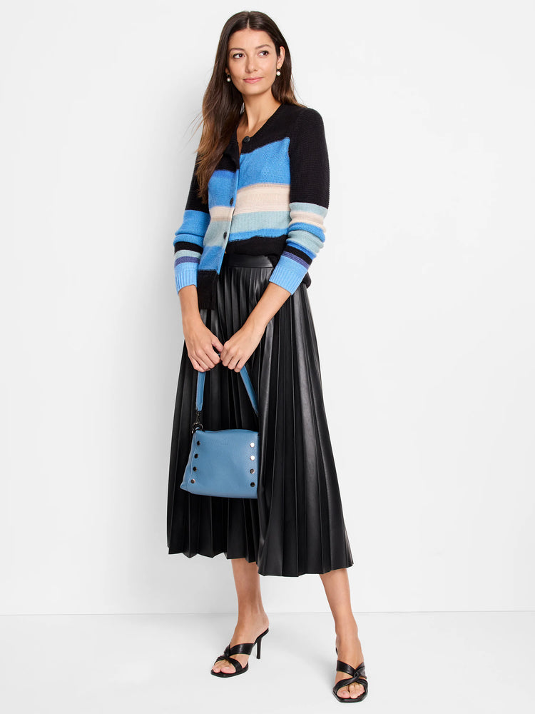Knitted button-front cardigan with horizontal stripes in black, multiple shades of blue, cream, and a touch of purple.