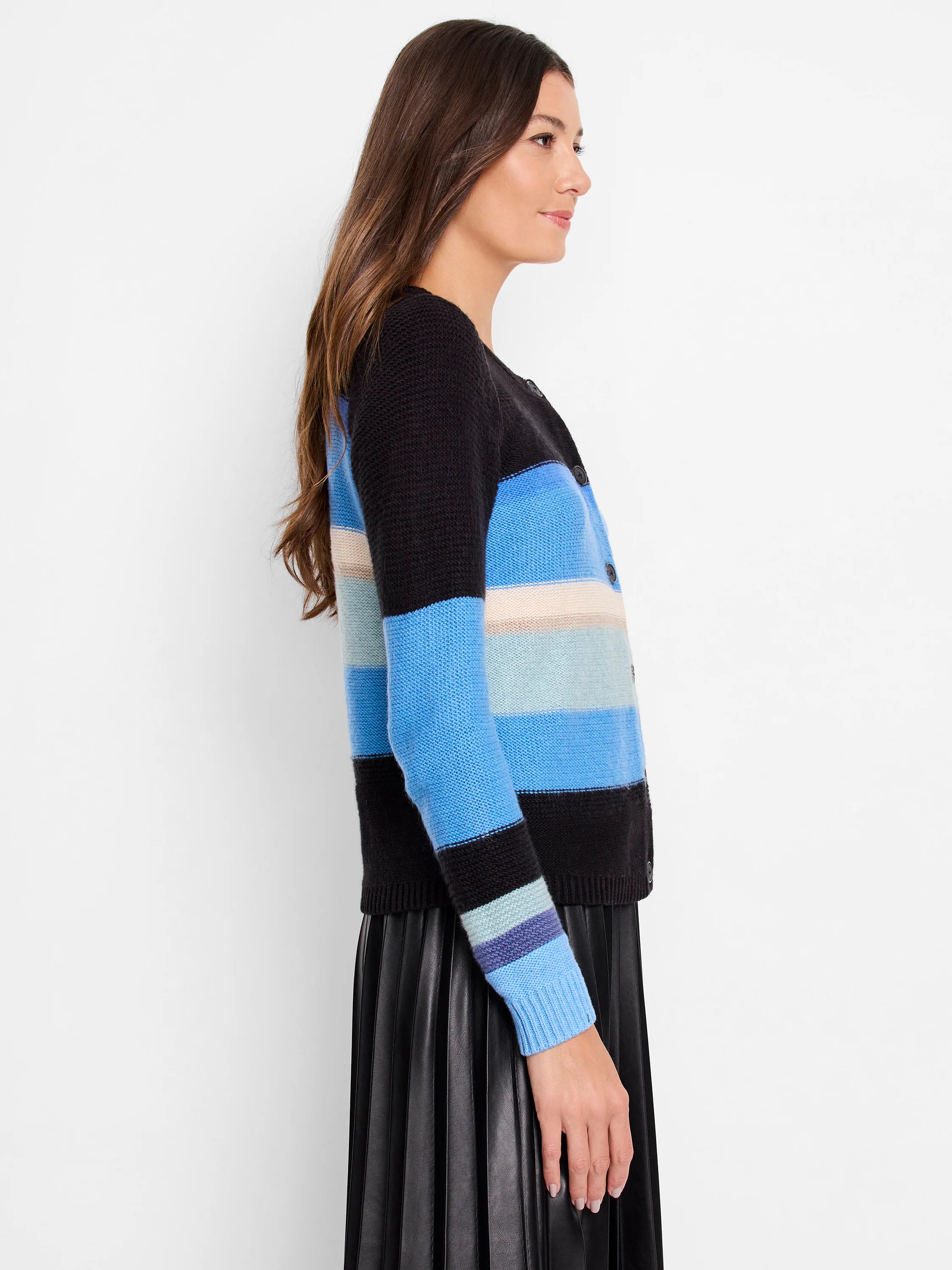 Black cardigan with horizontal stripes in medium blue, light blue, pale blue, cream, and black. Features front buttons.
