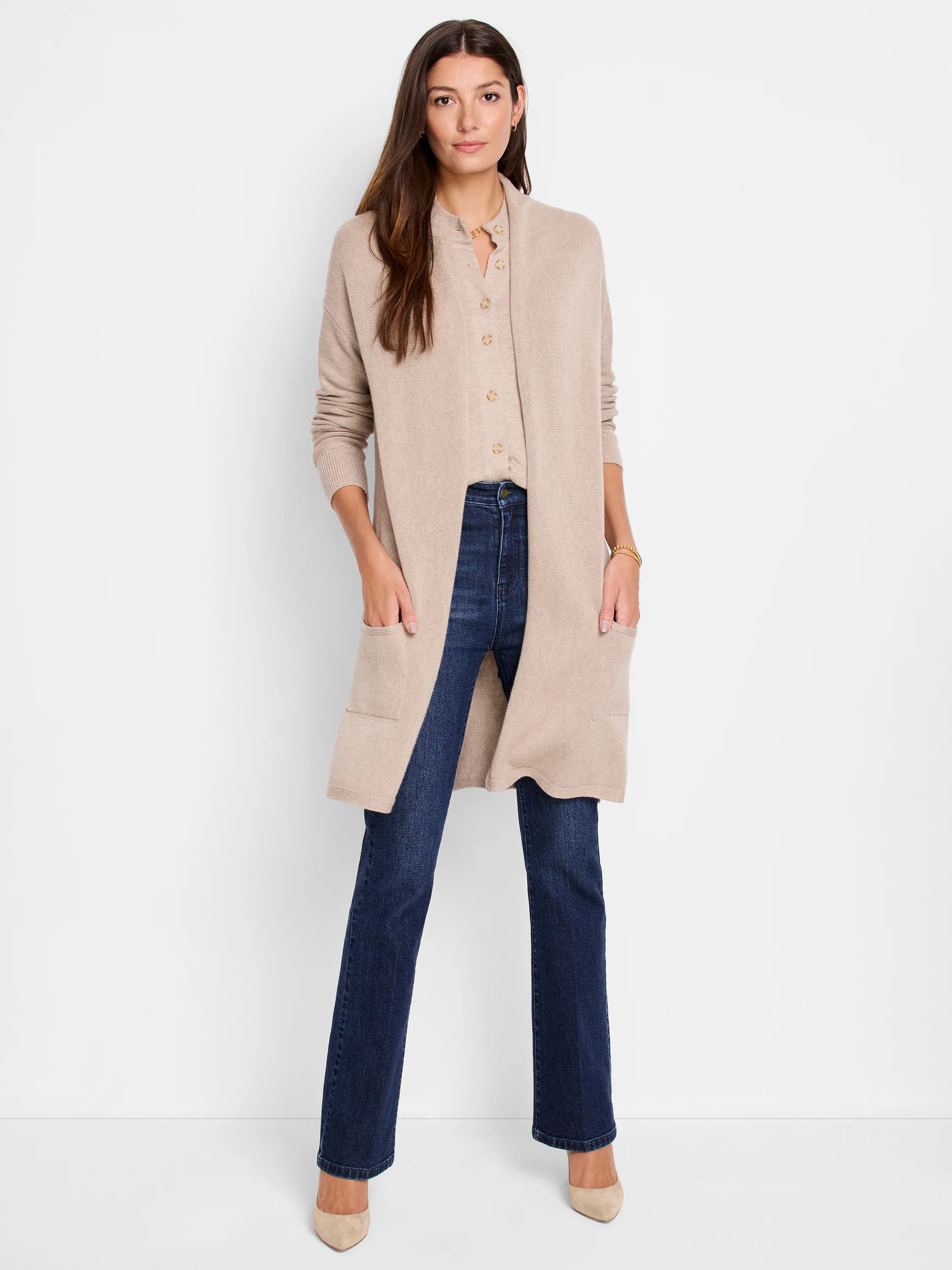 Beige long open-front cardigan with two front pockets.