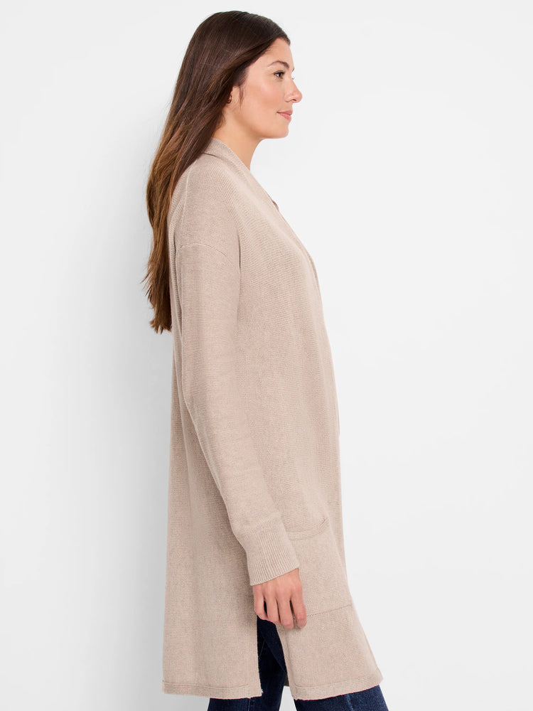 Light beige long open-front cardigan with ribbed cuffs, hem, and front edges. Features side pockets.
