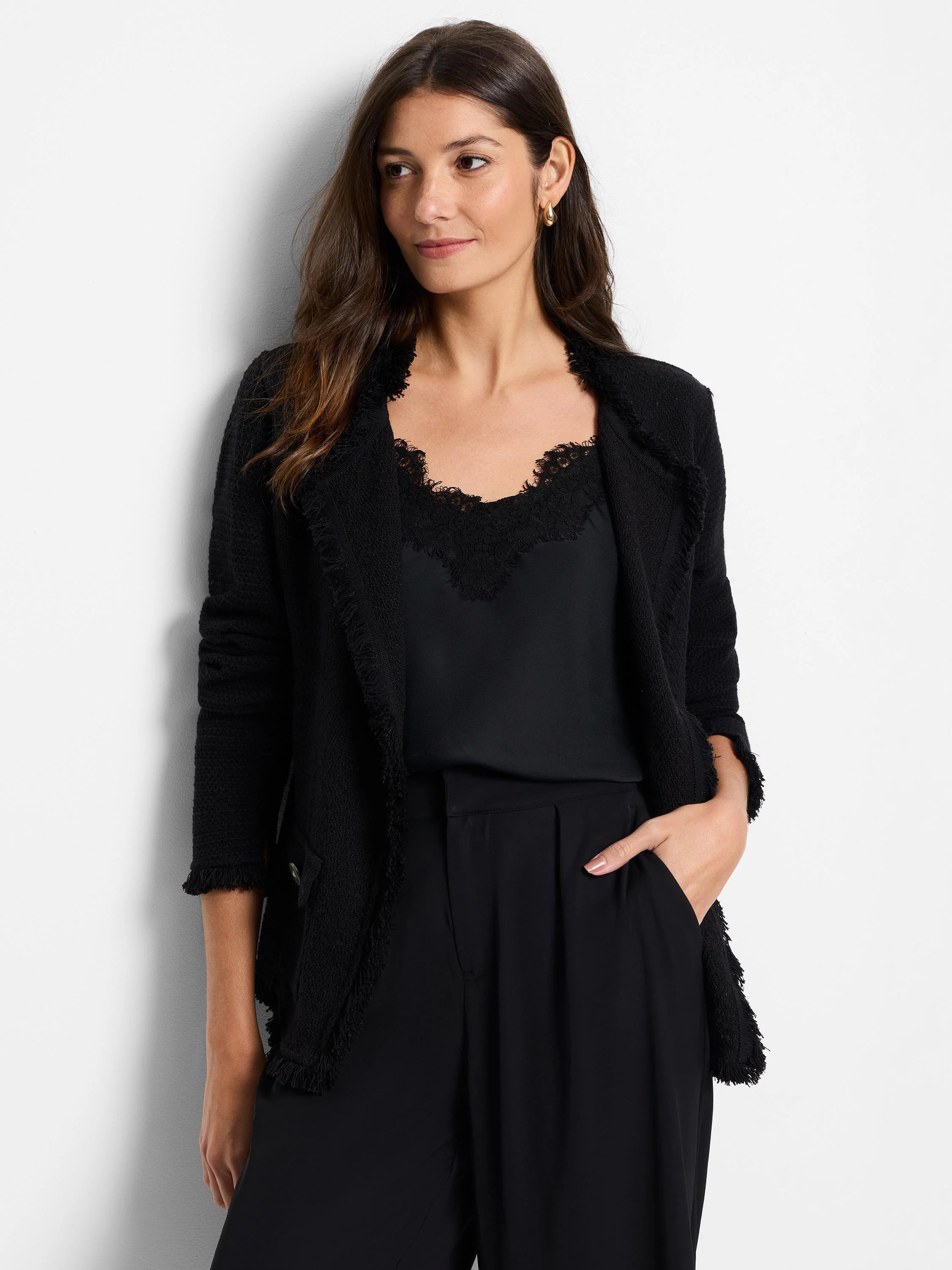 Black knit jacket featuring fringe trim along the lapels, shoulders, and cuffs.