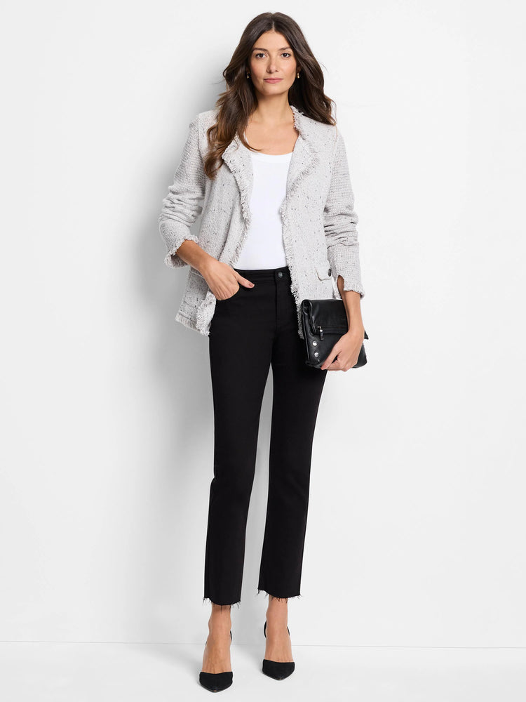 Light grey textured knit jacket with fringe trim on edges, open front, and a flap pocket.