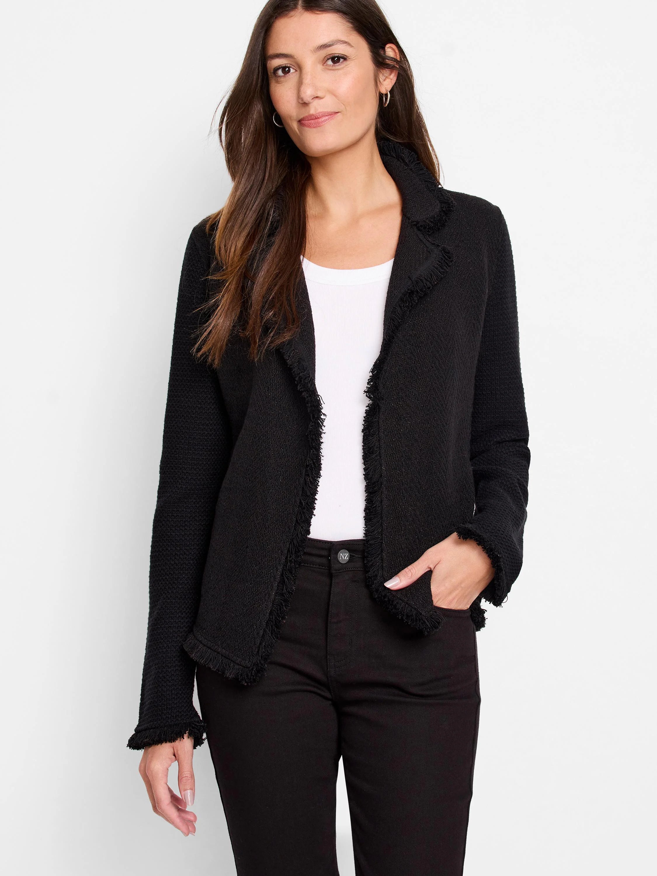 Black collared mix knit jacket with fringe along the front edges and cuffs.