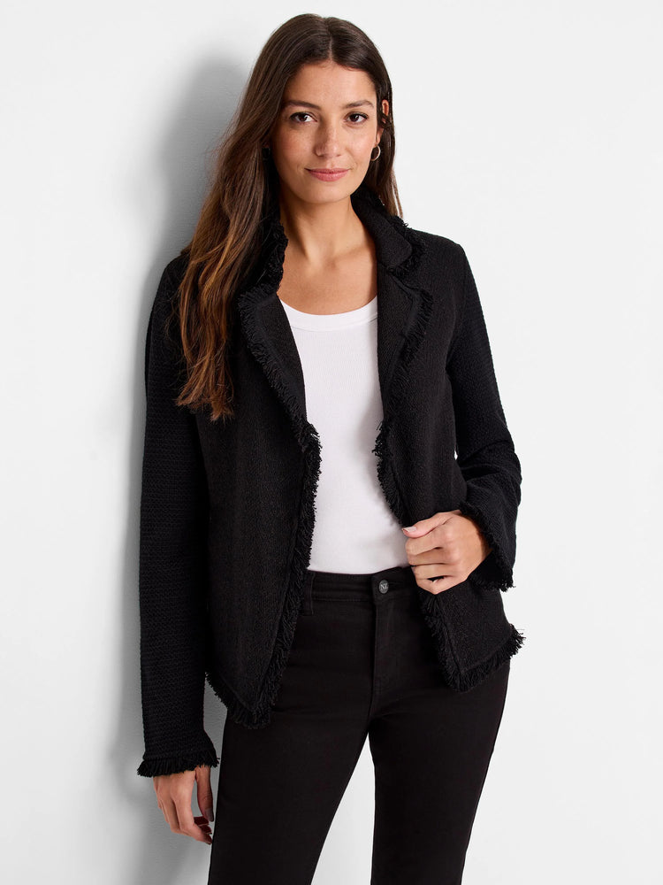 Black knit jacket with fringed collar, front opening, cuffs, and hem.