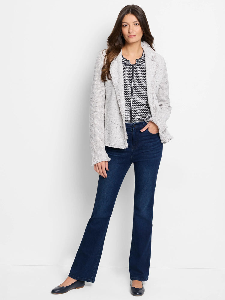 Grey mix knit jacket with a collar and fringe trim.