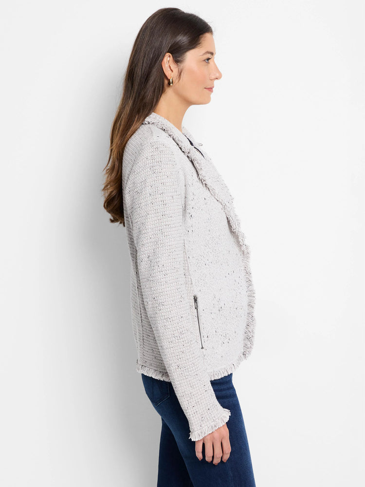 Flecked light gray knit jacket with fringe collar, front opening, and cuffs. Features a diagonal zipper.