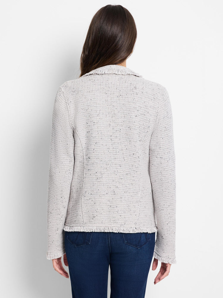 Back of light grey tweed-style knit jacket with collar and fringe trim on hem and cuffs.