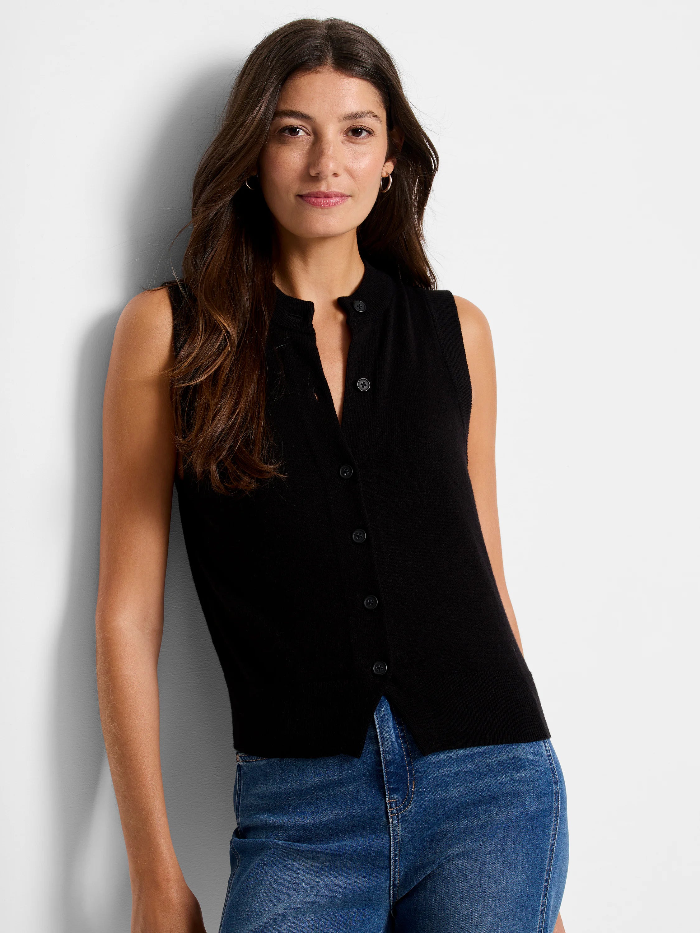 Black sleeveless sweater vest with a band collar, full button-front closure, and fine knit texture.