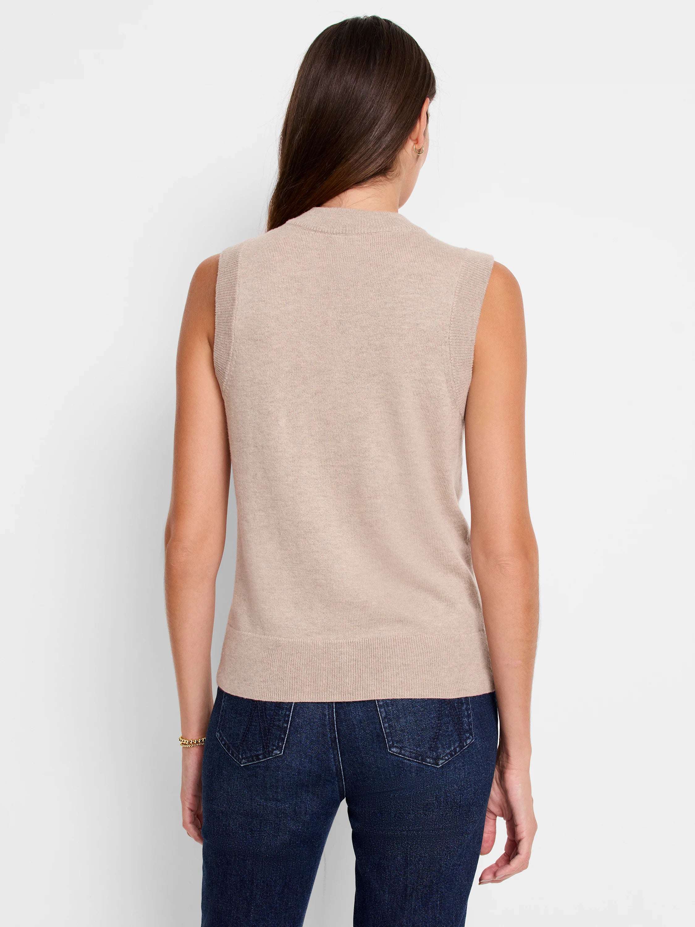Beige sleeveless sweater vest, shown from the back, featuring a mock neck, fine knit texture, and ribbed details.