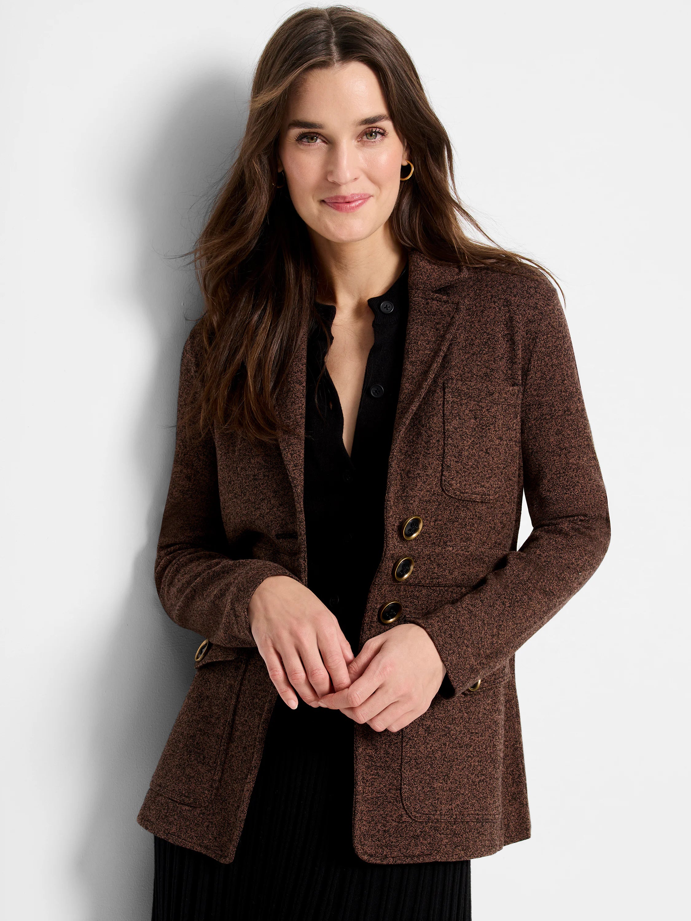 Brown heather knit blazer with a lapel collar, three gold-rimmed buttons, and front patch pockets.