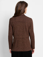 Marled brown knit blazer, back view. Features collar, long sleeves, a back yoke, and horizontal waist seam.