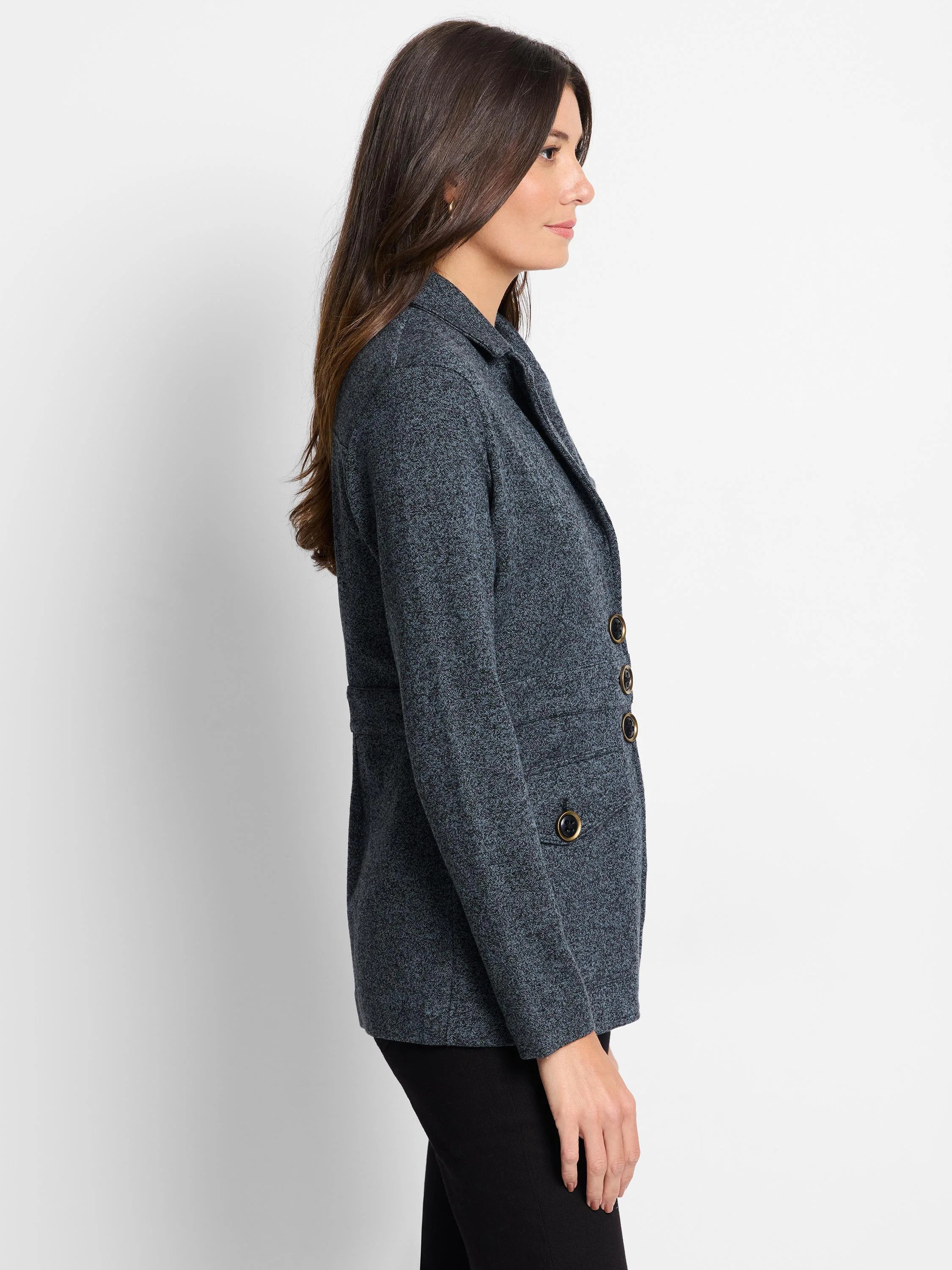 Charcoal blue knit blazer with notched lapels, long sleeves, and four brass buttons.